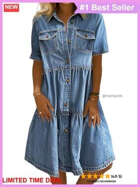Button Down Midi Denim Shirt Dress Distressed Tiered Ruffle Jean Dress